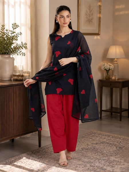 Black & Red Heart Embroidered 3-Piece Farshi Suit Set