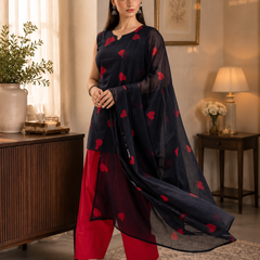 Black & Red Heart Embroidered 3-Piece Farshi Suit Set