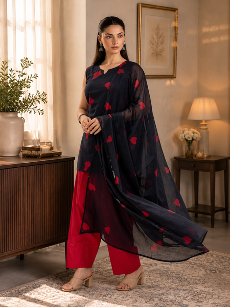 Black & Red Heart Embroidered 3-Piece Farshi Suit Set