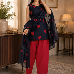 Black & Red Heart Embroidered 3-Piece Farshi Suit Set