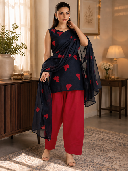Black & Red Heart Embroidered 3-Piece Farshi Suit Set