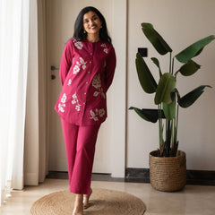 Embroidery Work Cotton Flex Magenta Co_ord Set