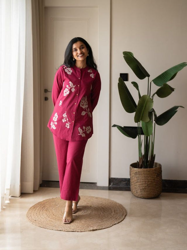 Embroidery Work Cotton Flex Magenta Co_ord Set