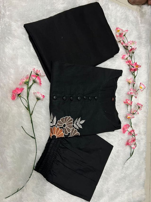 Embroidery Work Black Cotton Suit Set