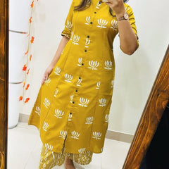 Yellow Cotton A-Line Printed Co-ord Set