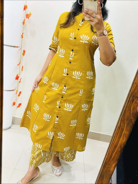 Yellow Cotton A-Line Printed Co-ord Set