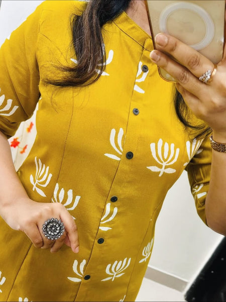 Yellow Cotton A-Line Printed Co-ord Set