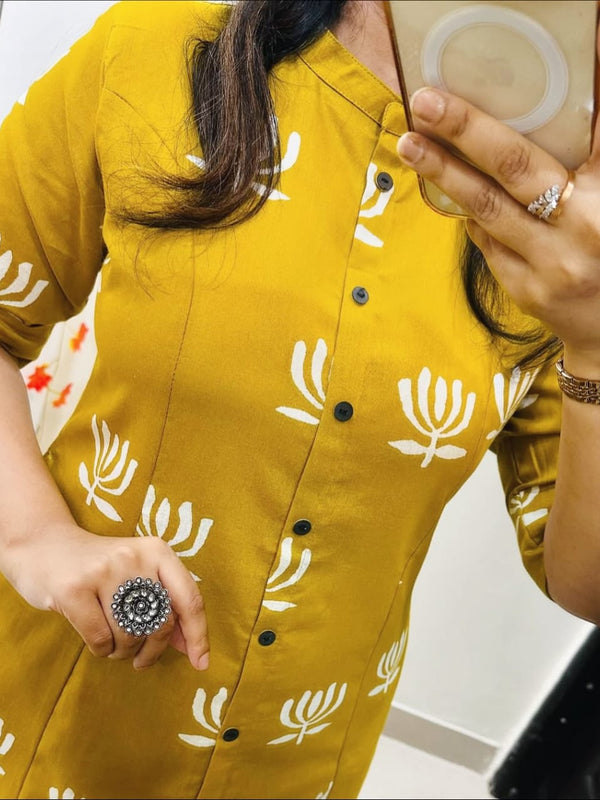 Yellow Cotton A-Line Printed Co-ord Set