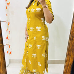 Yellow Cotton A-Line Printed Co-ord Set