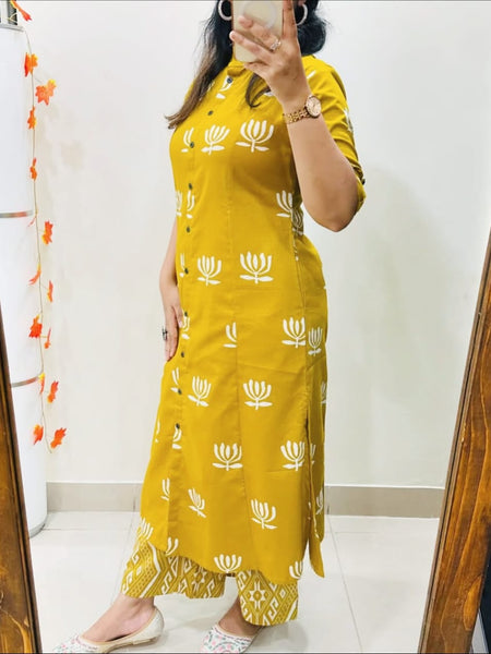 Yellow Cotton A-Line Printed Co-ord Set