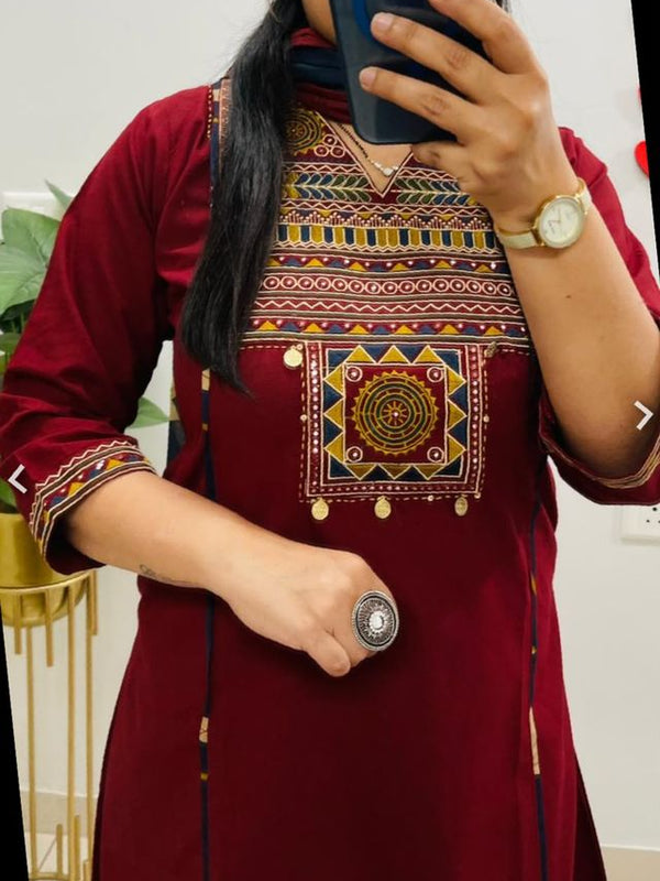 Embroidery Work Maroon Cotton Suit Set