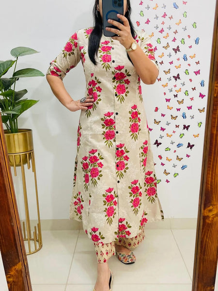 A-Line Cream Printed Cotton Co-ord Set