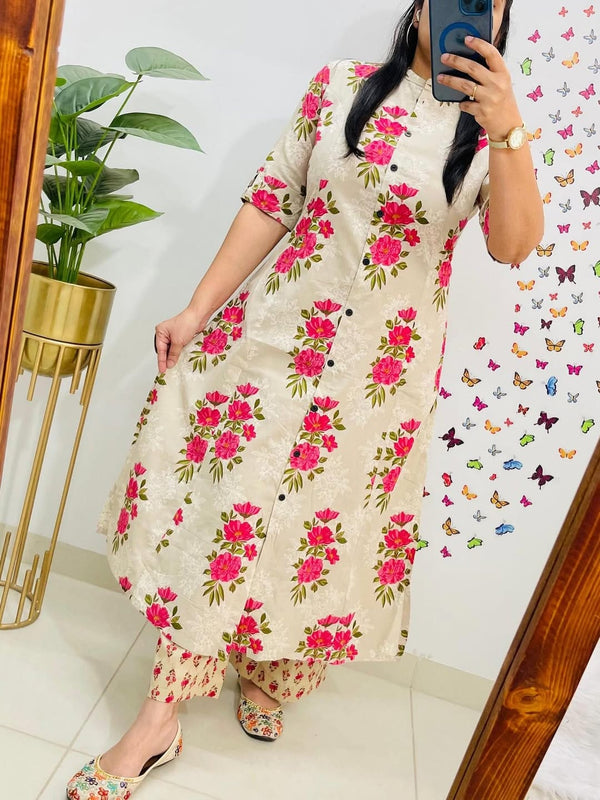 A-Line Cream Printed Cotton Co-ord Set