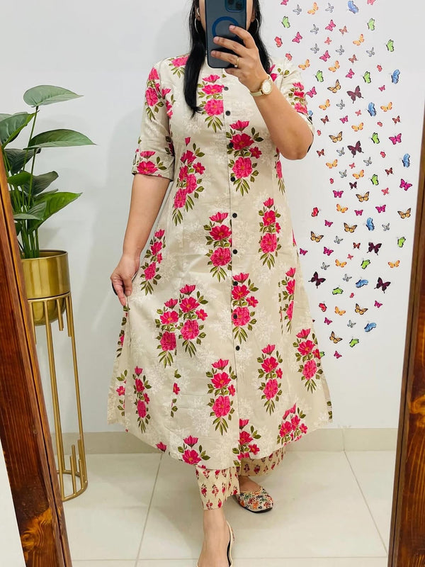 A-Line Cream Printed Cotton Co-ord Set