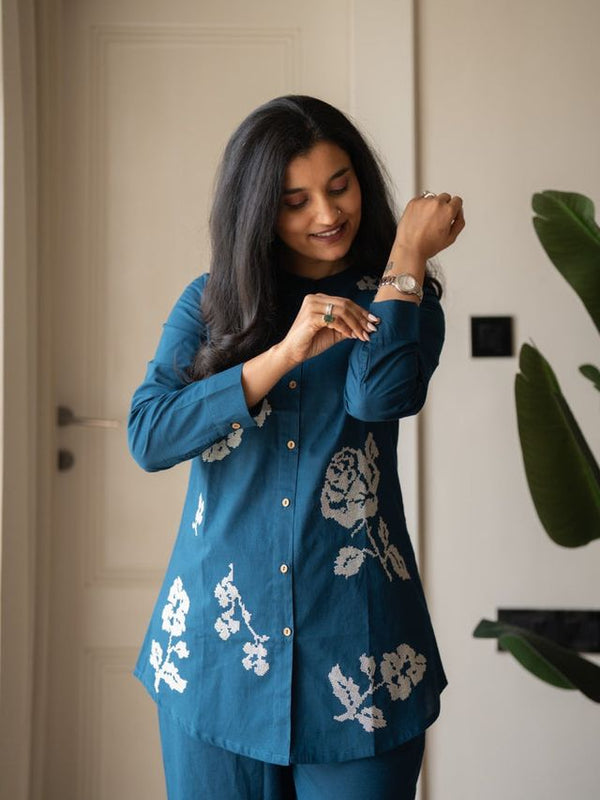 Embroidery Work Cotton Flex Teal Blue Co_ord Set