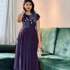 Beautiful Embroidered Blue Cotton Midi Kurti