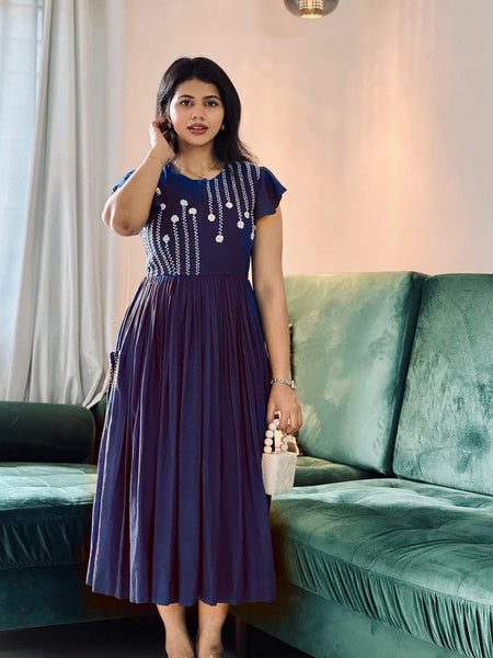 Beautiful Embroidered Blue Cotton Midi Kurti