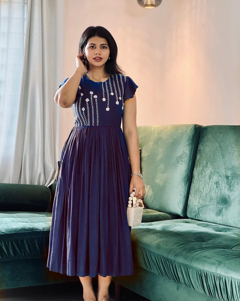 Beautiful Embroidered Blue Cotton Midi Kurti