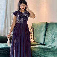 Beautiful Embroidered Blue Cotton Midi Kurti