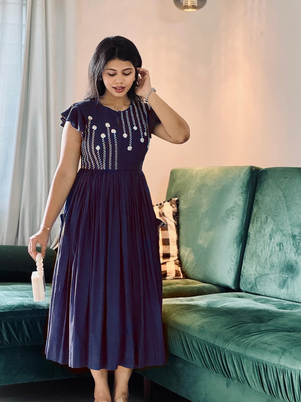 Beautiful Embroidered Blue Cotton Midi Kurti