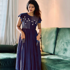 Beautiful Embroidered Blue Cotton Midi Kurti