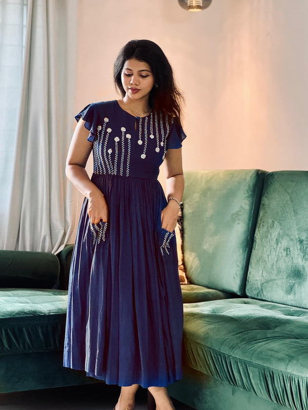 Beautiful Embroidered Blue Cotton Midi Kurti