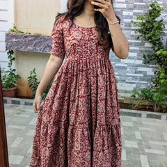 Red Printed Cotton Full Flare Midi Kurti
