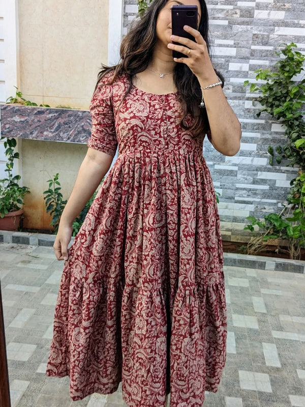 Red Printed Cotton Full Flare Midi Kurti