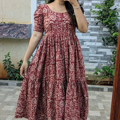 Red Printed Cotton Full Flare Midi Kurti
