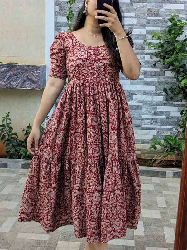 Red Printed Cotton Full Flare Midi Kurti
