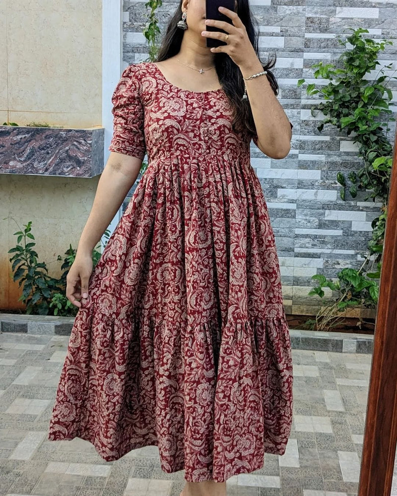 Red Printed Cotton Full Flare Midi Kurti