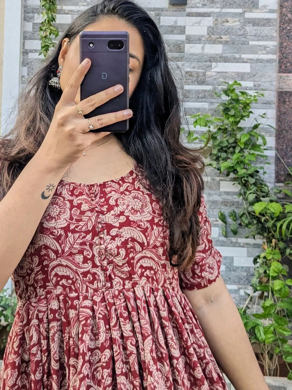Red Printed Cotton Full Flare Midi Kurti