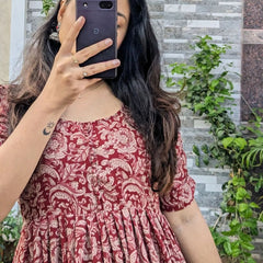 Red Printed Cotton Full Flare Midi Kurti