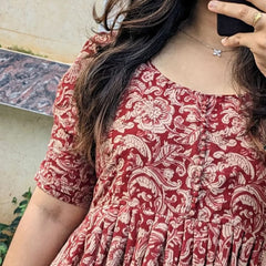 Red Printed Cotton Full Flare Midi Kurti