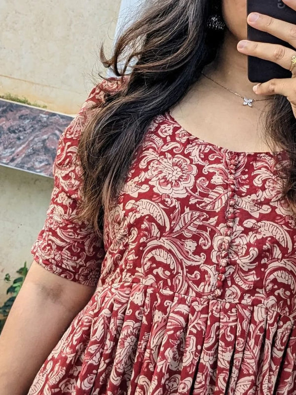 Red Printed Cotton Full Flare Midi Kurti