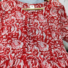 Red Printed Cotton Full Flare Midi Kurti