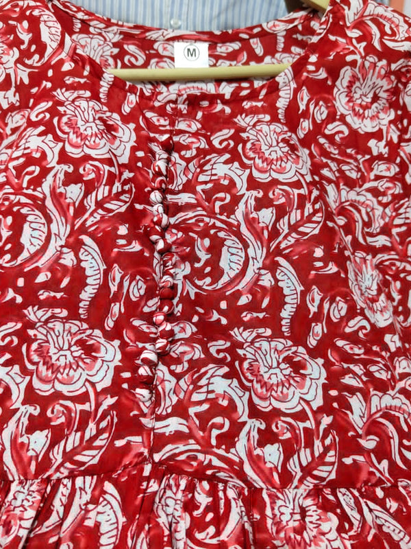 Red Printed Cotton Full Flare Midi Kurti