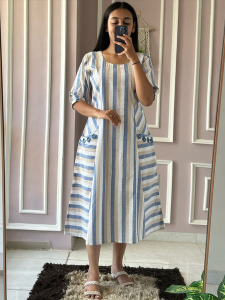 Beige South Cotton A-Line Onec-Piece Midi Dress