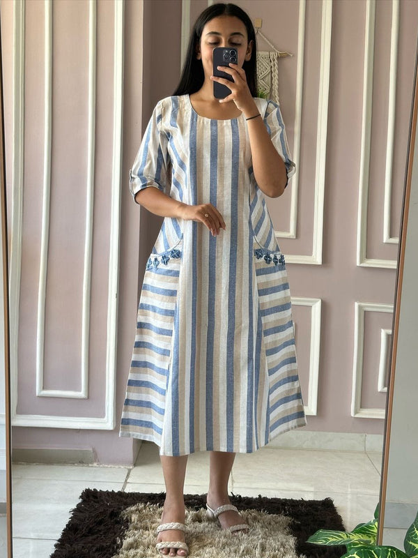 Beige South Cotton A-Line Onec-Piece Midi Dress