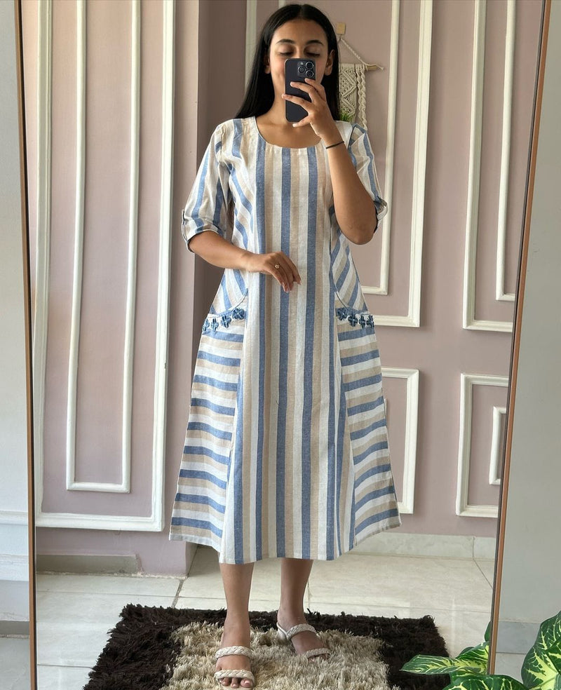 Beige South Cotton A-Line Onec-Piece Midi Dress