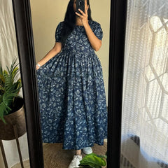 Blue Kalamkari Print Cotton Midi Gown