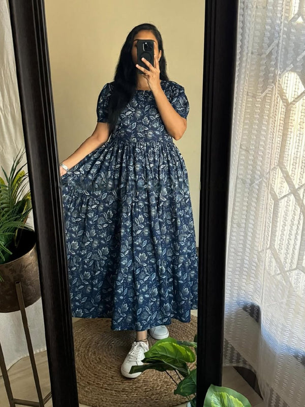 Blue Kalamkari Print Cotton Midi Gown