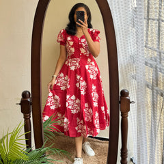 Red Ikat Print Cotton Full Flare Midi Gown