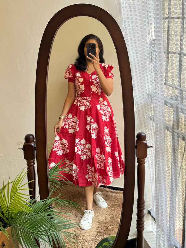 Red Ikat Print Cotton Full Flare Midi Gown