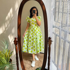 Green Ikat Print Cotton Full Flare Midi Gown