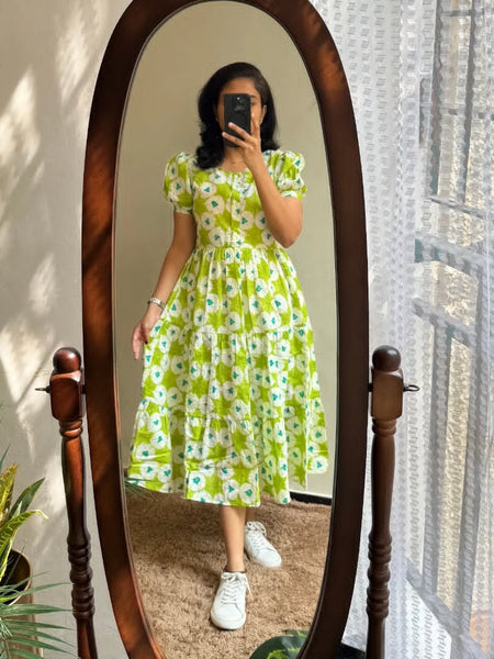 Green Ikat Print Cotton Full Flare Midi Gown