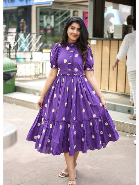 Beautiful Floral Embroidered Purple Cotton Midi Kurti