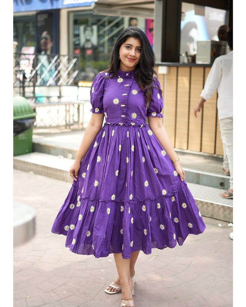 Beautiful Floral Embroidered Purple Cotton Midi Kurti