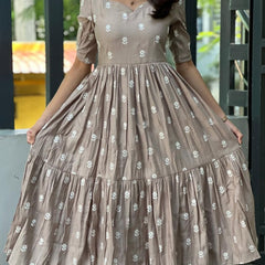 Silver Cotton Floral Embroidered Midi Kurti