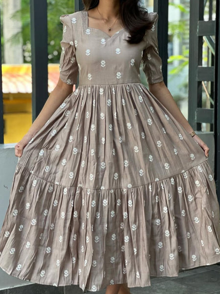 Silver Cotton Floral Embroidered Midi Kurti